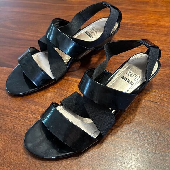Impo Stretch Black Patent Strappy Wedges Pumps Women’s US 9 M - Picture 1 of 8